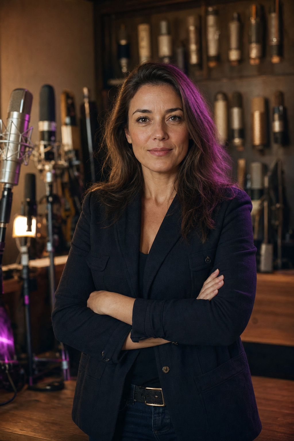 Delphine Roux, fondatrice de Microphone Studio, dans son atelier entourée de microphones sur pieds