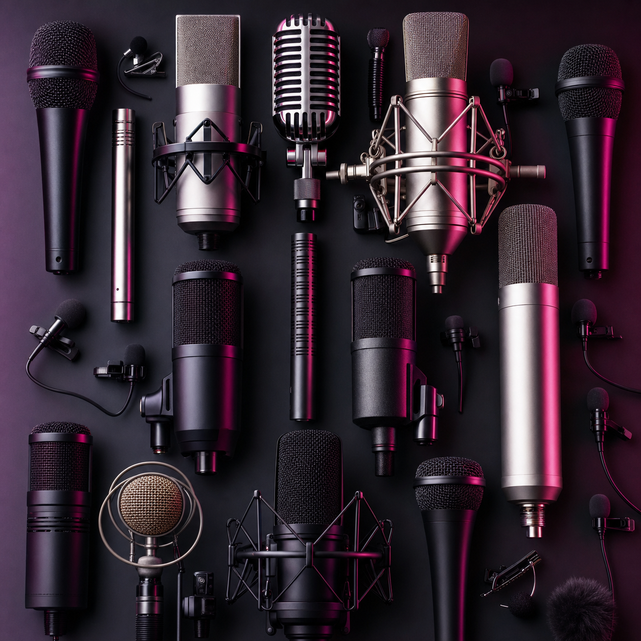 Mosaïque de microphones dynamiques, à condensateur et cravates du parc de Microphone Studio