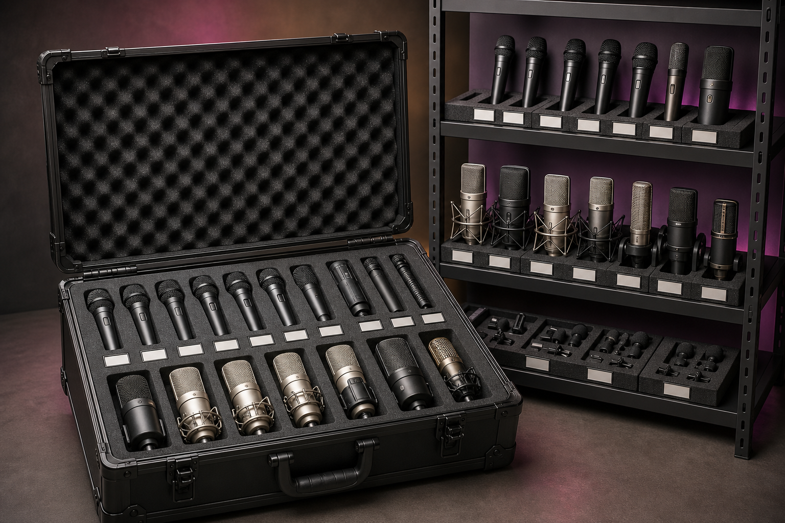 Étagère de microphones professionnels prêts à la location en valises de transport chez Microphone Studio