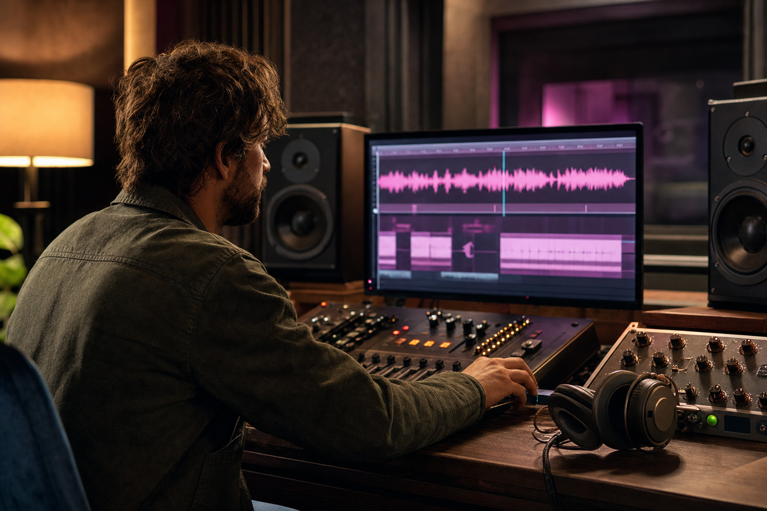 Ingénieur du son en post-production éditant une piste vocale sur une table de mixage