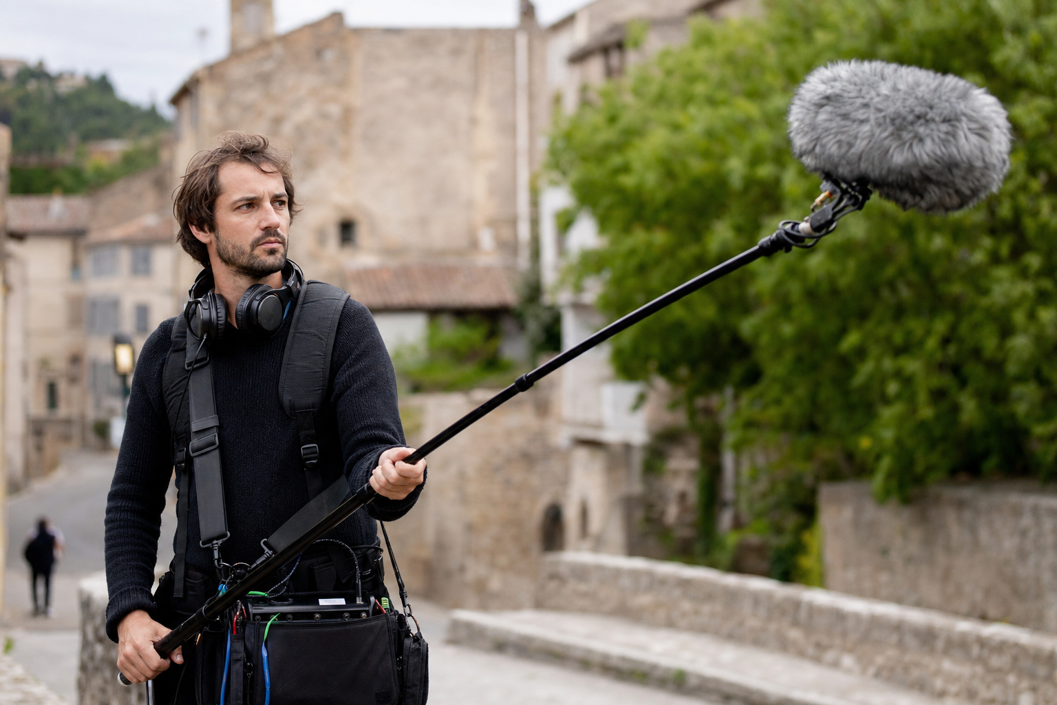 Technicien réalisant une prise de son terrain avec perche et micro canon sur un tournage